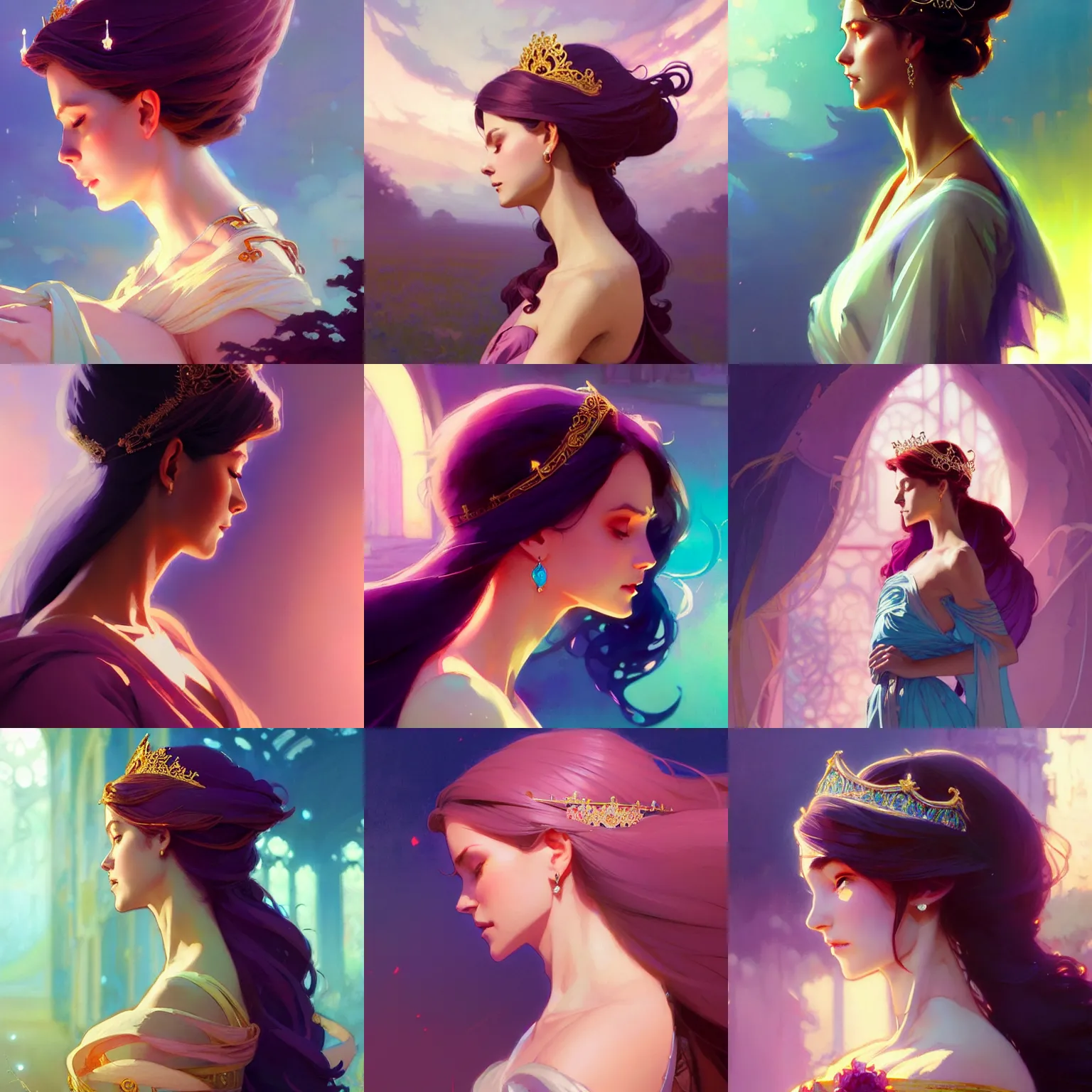 Prompt: side profile, beautiful girl with a tiara and jewelry, robes, elegant, concept art, smooth, ethereal background, vibrant colors, by greg rutkowski, jesper ejsing, ilya kuvshinov, artgerm, mucha