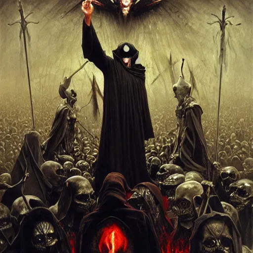 Image similar to dante's inferno, with people in black hooded tunic like in the film eyes wide shut of stanley kubrick, illuminati symbol, crows, skeletons, crosses, dark beauty, rotten gold, perfect faces, extremely detailed. highly detailed painting by gaston bussiere, craig mullins j. c. leyendecker 8 k