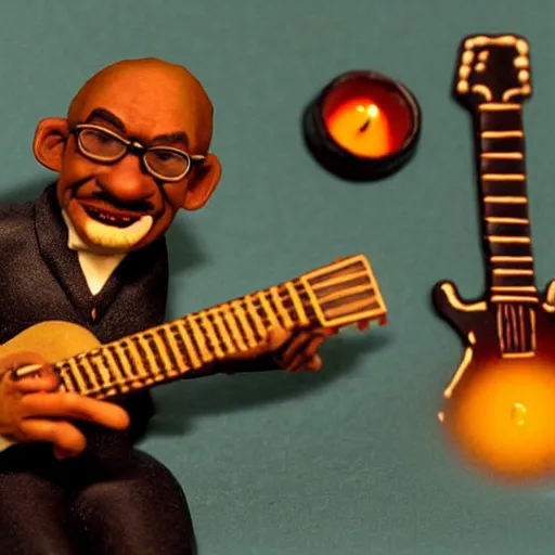 Prompt: a old black man playing guitar, surrealistic detailed claymation art, little candles, foggy