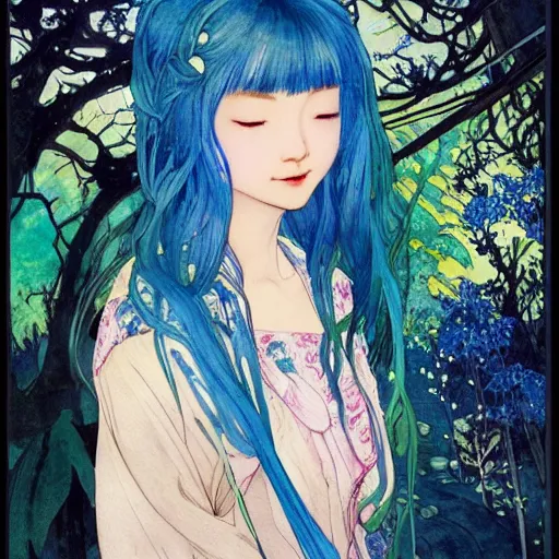 Image similar to side view a beautiful and inspiring intricate watercolor illustration artwork bright blue hair japanese beautiful sweet girl in the forest, feeling the nature, eyes closed, 4 k, ultra - wide angle, by william turner, by victo ngai, by alphonse mucha, by miho hirano, hd, trending on artstation, hyper detailed, muted colors, inspiring, beautiful, energetic