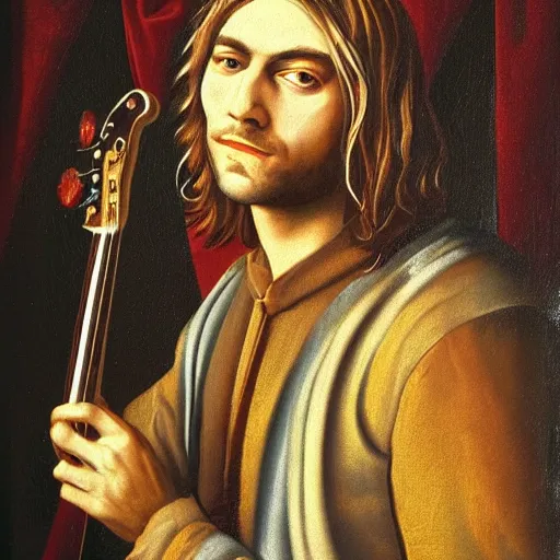 Image similar to a renaissance style portrait painting of Kurt Cobain