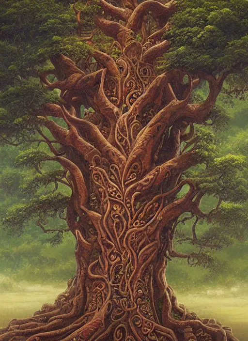 Prompt: ayahuma tree with a tribal face in its trunk, art by christophe vacher