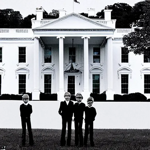 Image similar to one girl and three boys, they are siblings, the wall of a white house is in the beackground