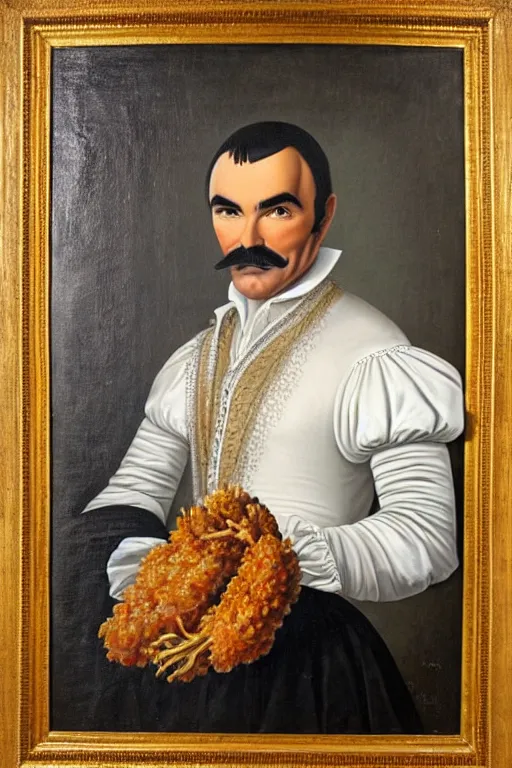 Image similar to a 1 6 0 0 s framed portrait painting of burt reynolds holding a bucket of fried chicken, intricate, elegant, highly detailed