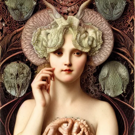 Image similar to hyperrealistic detailed portrait of ivory beautiful demonic witch, art by ernst haeckel, john william godward, hammershøi, alphons mucha, pontormo, ornamental, decorative, art nouveau pattern, deep pastel colors,