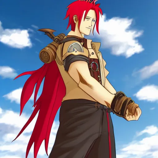 Prompt: male sky-pirate with long red hair and red beard in front of an airship, full metal alchemist, anime style