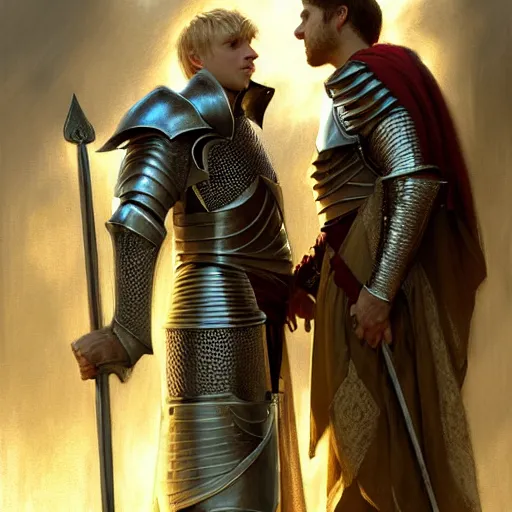 Image similar to attractive arthur pendragon and his favourite attractive male knight, they are in love, camelot, natural lighting, path traced, highly detailed, high quality, digital painting, by gaston bussiere, craig mullins, j. c. leyendecker