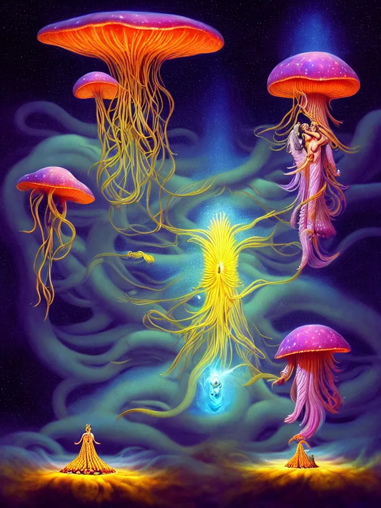Prompt: portrait of shiva and vishnu, extremely beautiful floating and merging among many nebula stars with lots of gigantic mushrooms and jellyfish, symmetrical composition, by gediminas pranckevicius, rafal olbinski, rob gonsalves, vladimir kush, digital painting, octane rendered, crepuscular rays, neon colors vibrant colors, trending on artstation