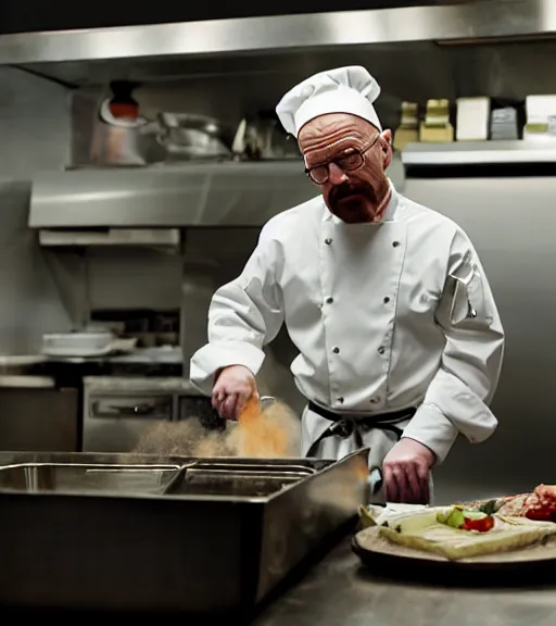 Prompt: film still of walter white cooking delicious food inside a professional restaurant kitchen in the tv show breaking bad, full-shot, 4k