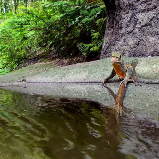 Prompt: lizard human sitting in water, photograph captured at oregon hotsprings