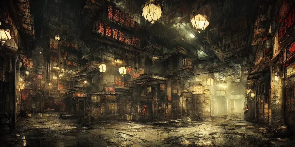 Image similar to inside of kowloon walled city by night, apartments interior, concept art, steetlamps, dark atmospheric style, dark shadows, reflections, epic composition, intricate, elegant, volumetric lighting, digital painting, highly detailed, artstation, sharp focus, illustration, octane render, concept art, ruan jia, steve mccurry