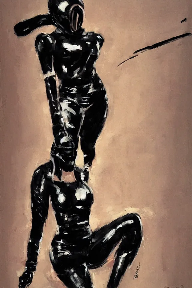 Prompt: painting of a ninja woman in a black latex suit by ashley wood