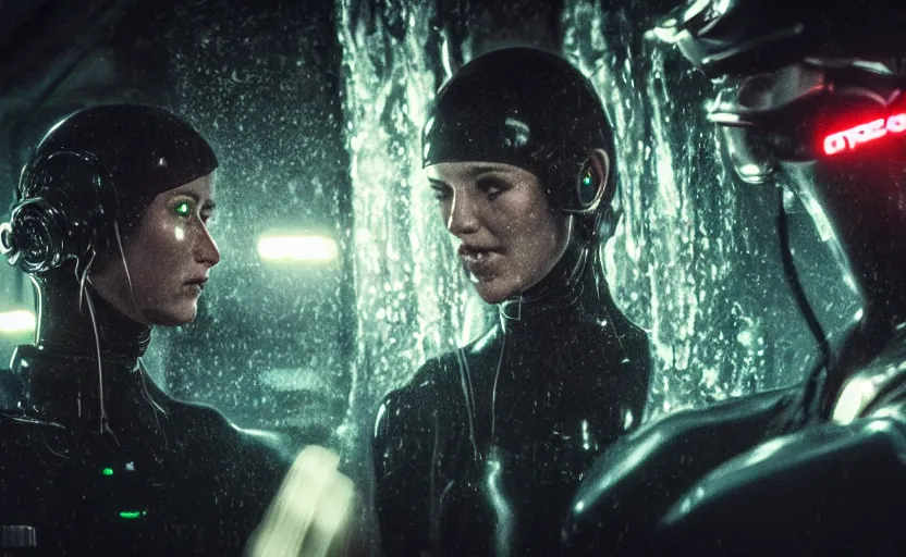 Image similar to cinestill 5 0 d candid photographic portrait by steven spielberg of two loving female androids sobbing wearing rugged black mesh techwear in treacherous waters, flooded city, medium closeup, retrofuturism cyberpunk moody emotional cinematic, pouring iridescent rain bright spotlight helicopter, 8 k, hd, high resolution, 3 5 mm, f / 3 2, ultra realistic faces, ex machina