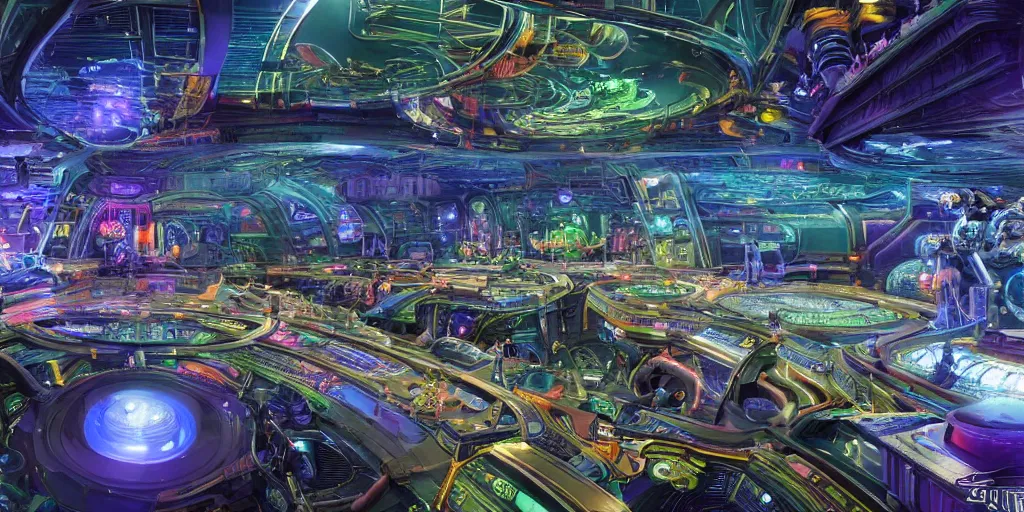 Prompt: a wide shot of a hi-tech sci-fi spaseship of epic proportions and intricate detail, with a lot of bright color lights, bridges, turrets, pipes, in deep space, photography, color, very detailed, realistic