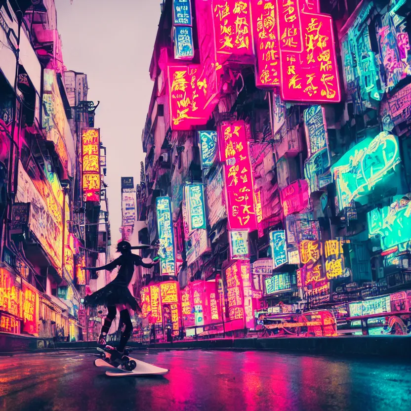 Prompt: photograph of punk girl skateboarding in the city, chinese neon signs, cyberpunk buildings, wet roads at night reflecting the lights from buildings, studio lighting, cloudy night sky, bright neon colors, 4 k, fisheye