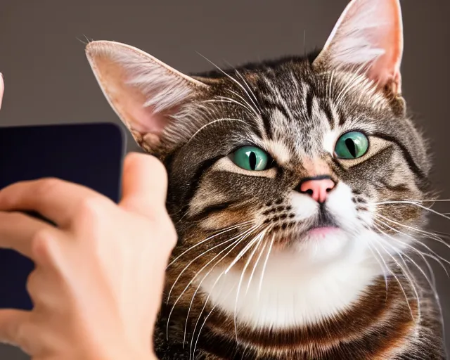 Prompt: color studio photo a cat taking a selfie holding phone, smiling, closeup, detailed