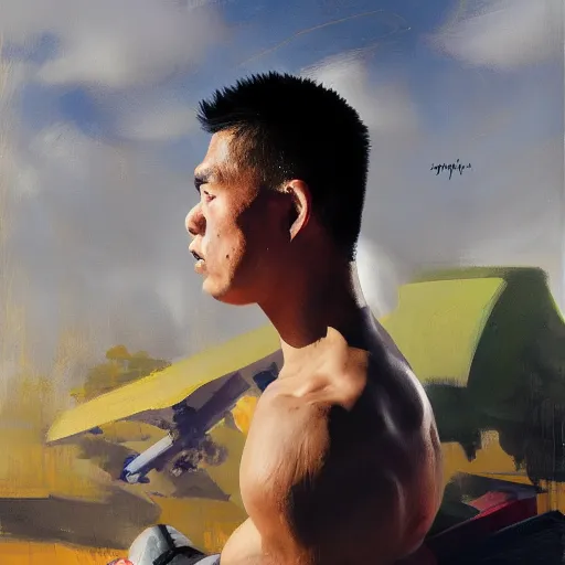 Image similar to greg manchess side portrait of a filipino mma fighter sitting on a tank, organic painting, sunny day, matte painting, bold shapes, hard edges, street art, trending on artstation, by huang guangjian, gil elvgren, ruan jia, randy vargas, greg rutkowski