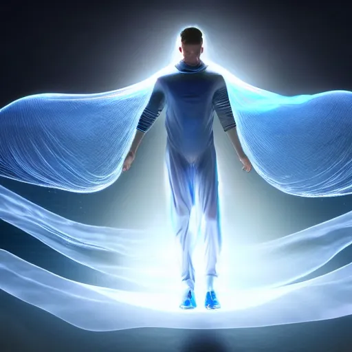 Image similar to a wide shot of an athletic beautiful young male with his whole body covered by a 1 0 meter long translucent iridiscent veil, floating dramatically in space, the veil moves with the wind, beautifull cosmic light, realistic detailed, unreal engine 5 digital art