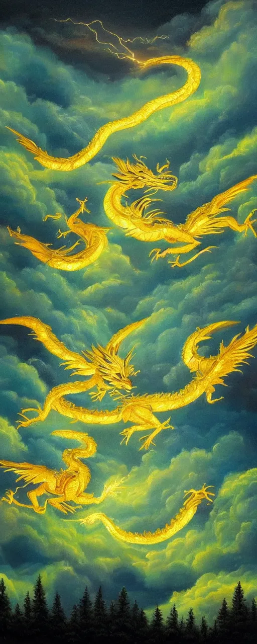 Prompt: beautiful oil painting of golden eastern dragons in sky, green lightning, night clouds, above forest, landscape shot