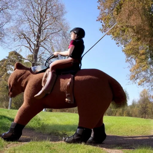 Image similar to equestrian riding a giant bear in the park