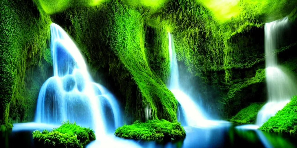 Prompt: photo of fantasy waterfall with plants inside cave, water drops, fairies flying, mystical, nature, water drop