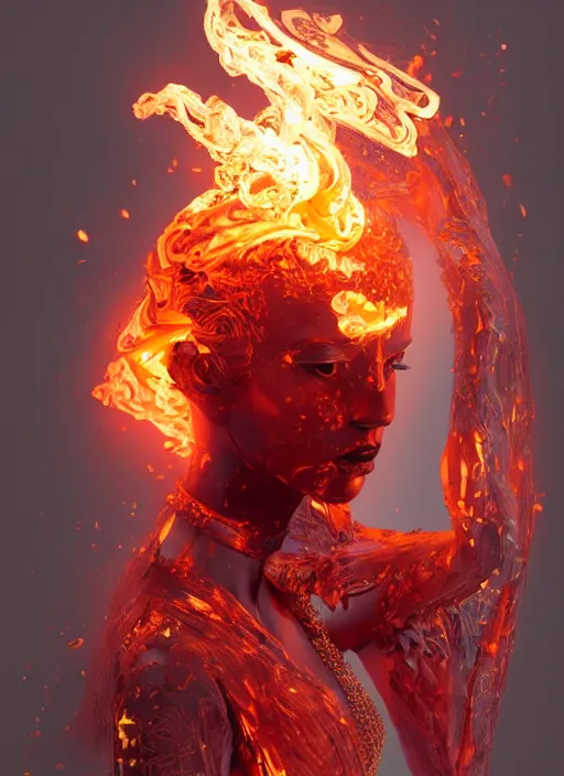 Image similar to sculpture made of flame, portrait, female, future, torch, fire, harper's bazaar, vogue, fashion magazine, intricate, concept art, close up, ornate, luxury, elite, elegant, trending on artstation, by ruan jia, by Kenneth Willardt, by ross tran, by WLOP, by Andrei Riabovitchev,