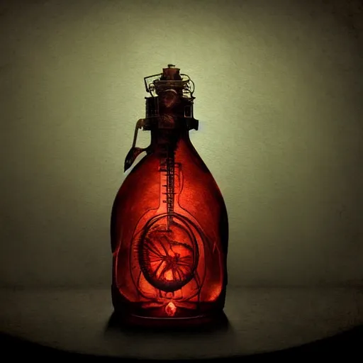 Prompt: a steampunk painting of a vintage very dark red poison potion bottle, lit by a single ray of sunlight in a dark dusty vintage science lab, by h. r. giger, hyperrealistic fantasy art, concept matte, ethereal, dreamy, digital art, trending on artstation, volumetric cinematic lighting