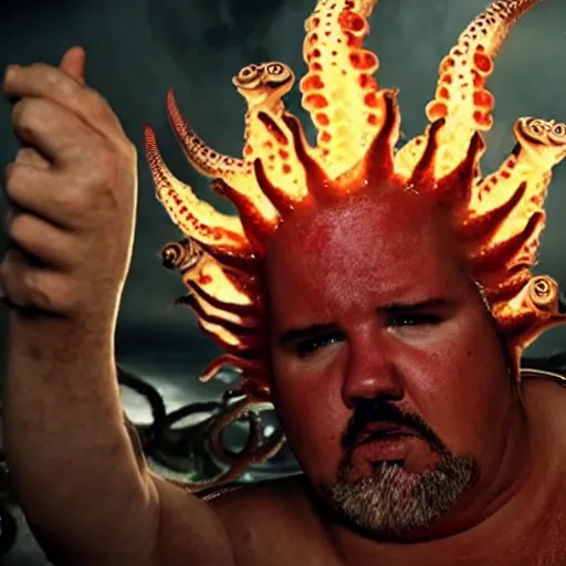 Prompt: guy fieri, turning into an eldritch horror with tentacles, bathing in a giant pan filled with boiling oil, film still from the movie directed by denis villeneuve with art direction by salvador dali