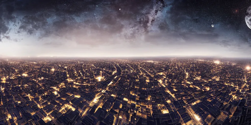 Prompt: a big industrial city metropoli in the distance, cloudy dark sky, it's late at night the moon and the milky way shine, 3 6 0 render panorama, seamless