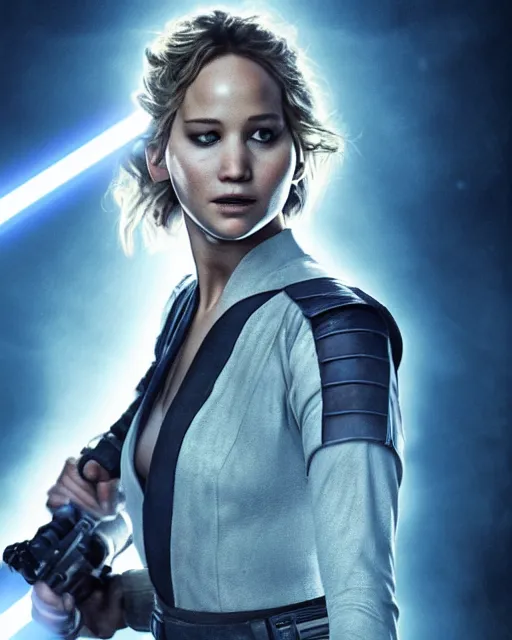 Image similar to jennifer lawrence as a jedi, battle scared with ripped clothes, holding up a blue lightsaber, very dark background, official new star wars episode xi movie poster from lucas arts, perfect symmetrical face, moody lighting, 8 k, shallow depth of field, intricate detail,