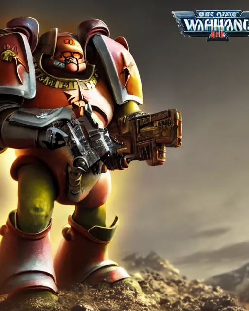 Image similar to peter griffin wearing warhammer space marine armor dynamic pose menacing cinematic shot atmospheric greebled high detail 4 k