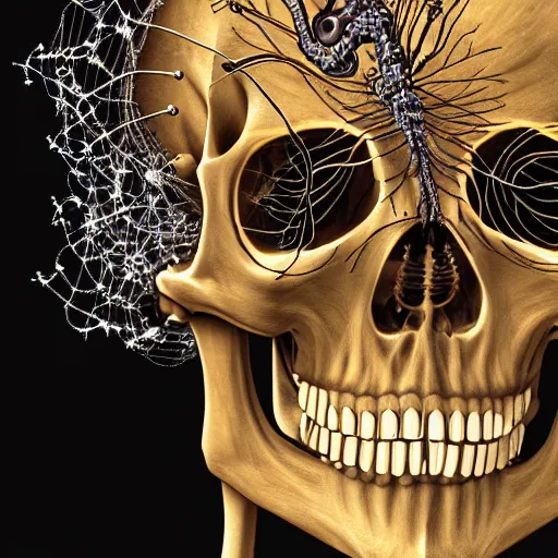 Prompt: very detailed portrait of a skeleton with crystal innards and optic fiber nerves, gears in his head and cybernetic enhancements in it's skull