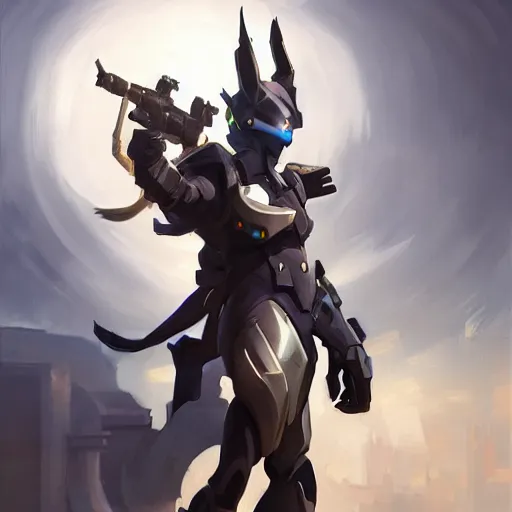 Image similar to greg manchess portrait painting of partially armored umbreon as overwatch character, medium shot, asymmetrical, profile picture, organic painting, sunny day, matte painting, bold shapes, hard edges, street art, trending on artstation, by huang guangjian, gil elvgren, ruan jia, greg rutkowski, gaston bussiere