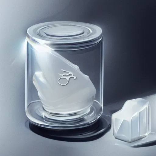 Image similar to concept art of white dietary supplement designed by porsche and richard mille in a transparent bottle with big black sticker on it, by aenaluck, artgerm and roberto ferri and greg rutkowski, light blue and white tones, digital painting, artstation, concept art, smooth, sharp foccus ilustration hq