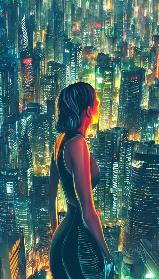 Image similar to night portrait of cyberpunk show girl on a roof, looking up at cityscape of vertical cyberpunk city with high towers, shanghai, Alena Aenami and artgerm