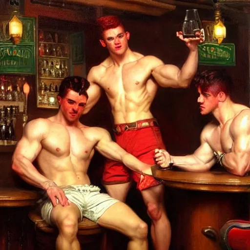 Image similar to attractive muscular male with red hair, shorts, and muscular attractive male with black hair, pants, drinking their hearts out, in a pub. very defined and highly detailed painting by j. c. leyendecker, gaston bussiere, craig mullins 8 k