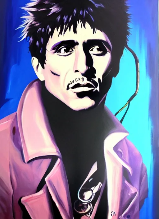 Prompt: acrylic painting of tony montana in a style of cyberpunk delivery club, in salvia divinorum, photorealistic glamour necro science, made in abyss