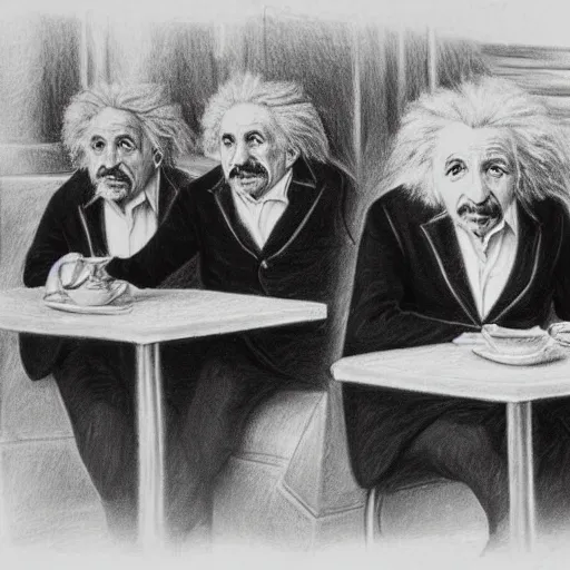 Image similar to Einstein and Newton sitting at cafe, pencil drawing, ultra detailed