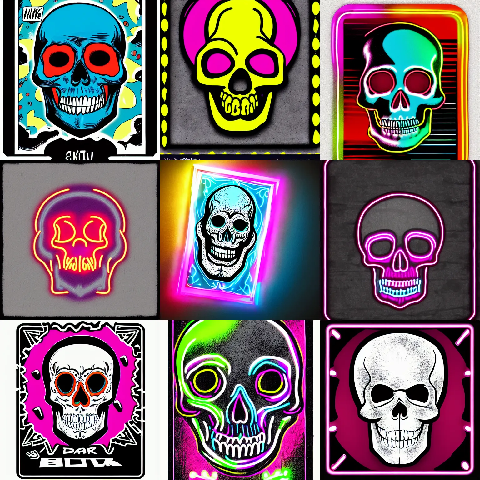 Prompt: neon skull, dark border, comic book