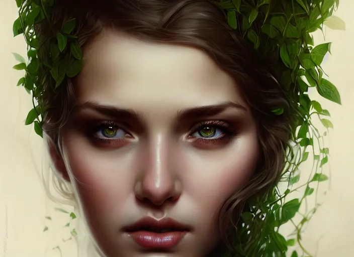 Prompt: highly detailed beautiful woman wrapped up in vines, illustration, realistic eyes, artstation, cinematic lighting, hyperdetailed, detailed realistic symmetrical eyes, cgsociety, 8k, high resolution, Charlie Bowater, Tom Bagshaw, Norman Rockwell, insanely detailed and intricate, clean white background