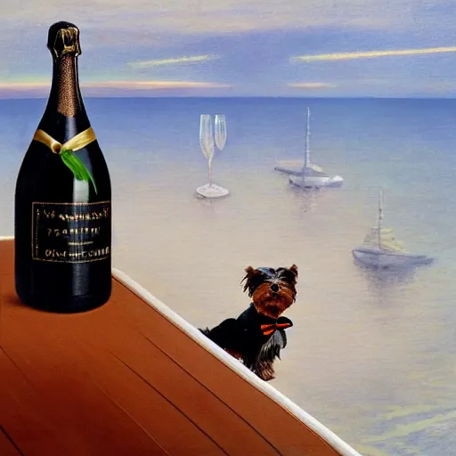 Image similar to a Yorkshire terrier wearing a black bow tie and drinking a bottle of champagne on a yacht in heaven, extremely detailed masterpiece, illustration, by Michael Sowa,