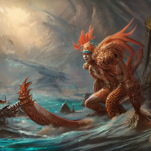 Image similar to merfolk at war, trending on artstation, ultra fine detailed, hyper detailed, hd, concept art, digital painting