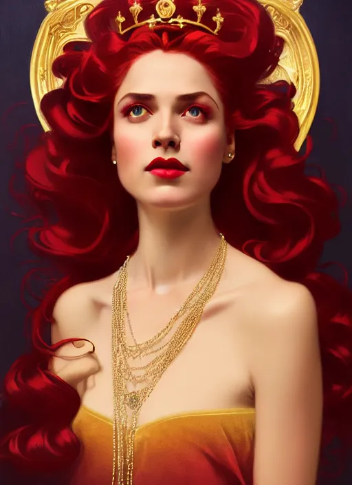 Image similar to ombre velvet gown, face by leyendecker, lovely queen, portrait, long red hair, small crown, dozens of jeweled necklaces, feral languid woman, by greg rutkowski, anato finnstark, alphonse mucha, global illumination, radiant light