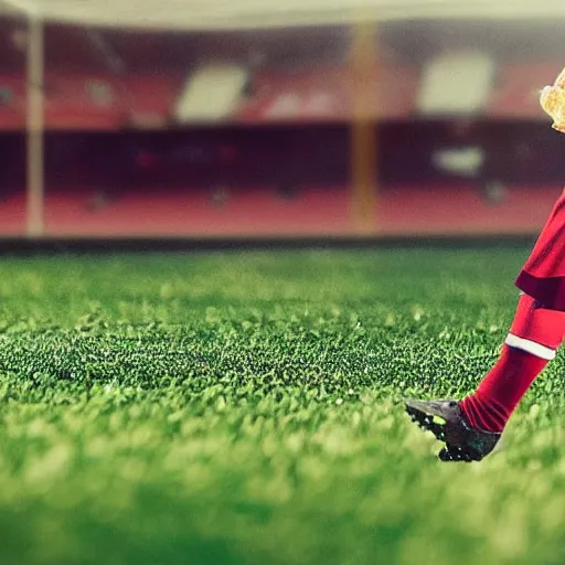 Image similar to soccer player eating a sandwich during a match, distant photo, realistic