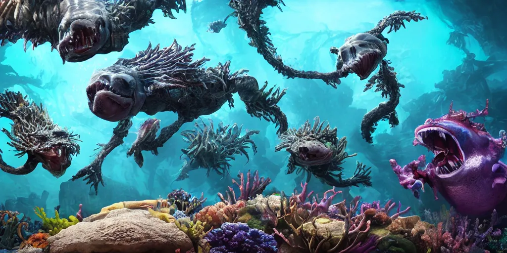 Prompt: underwater enviroment with spondilus creatures, unreal 5, hyperrealistic, realistic, photorealistic, dynamic lighting, highly detailed, cinematic landscape, studio landscape, studio lighting