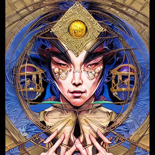 Image similar to portrait of crazy fortune teller, symmetrical, by yoichi hatakenaka, masamune shirow, josan gonzales and dan mumford, ayami kojima, takato yamamoto, barclay shaw, karol bak, yukito kishiro