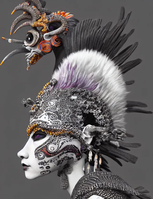 Image similar to 3 d goddess close - up profile portrait punk with mohawk with ram skull. beautiful intricately detailed japanese crow kitsune mask and clasical japanese kimono. betta fish, jellyfish phoenix, bio luminescent, plasma, ice, water, wind, creature, artwork by tooth wu and wlop and beeple and greg rutkowski