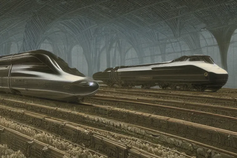 Image similar to intricate, 3 d, bullet train, style by caspar david friedrich and wayne barlowe and ted nasmith.