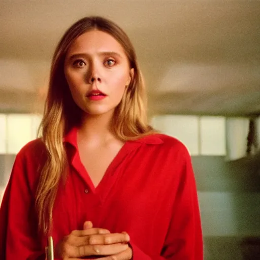 Image similar to Elizabeth olsen angry and pointing with red shirt acting, backrooms, cinematic shot, cinestill 800 t