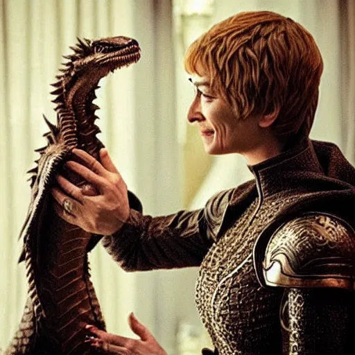 Image similar to “Cersei Lannister, petting her dragon”